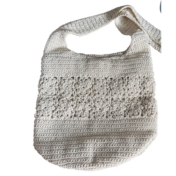 Liz Claiborne Cream Crochet Shoulder‎ Bag Woven Boho  Crossbody Zebra Lining - Picture 1 of 12